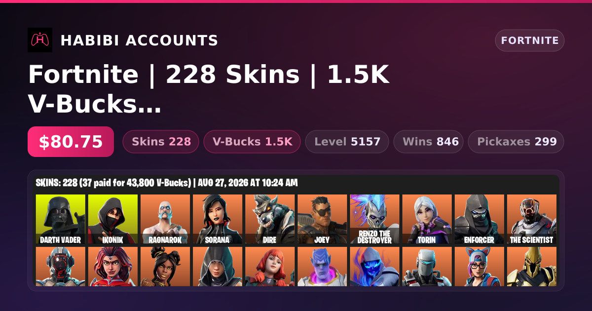 Fortnite | 228 Skins | 1.5K V-Bucks | Level 5157 | 846 Wins — HabibiAccounts