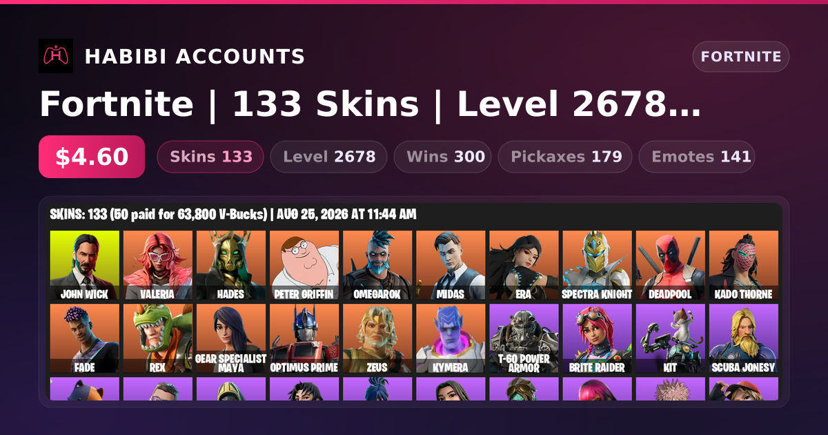 Fortnite | 133 Skins | Level 2678 | 300 Wins — HabibiAccounts