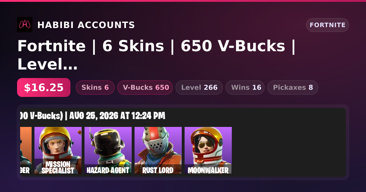 Fortnite | 6 Skins | 650 V-Bucks | Level 266 | 16 Wins — HabibiAccounts