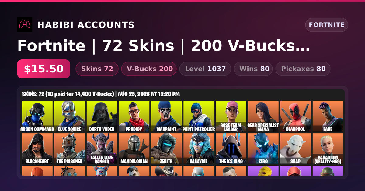 Fortnite | 72 Skins | 200 V-Bucks | Level 1037 | 80 Wins — HabibiAccounts