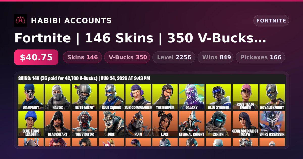 Fortnite | 146 Skins | 350 V-Bucks | Level 2256 | 849 Wins — HabibiAccounts