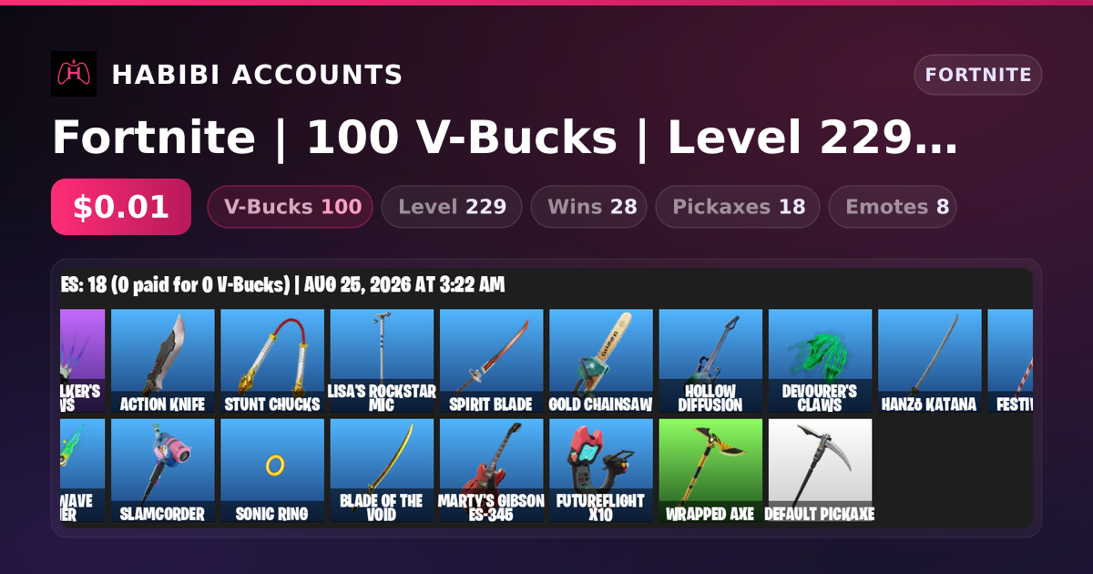 Fortnite | 100 V-Bucks | Level 229 | 28 Wins — HabibiAccounts