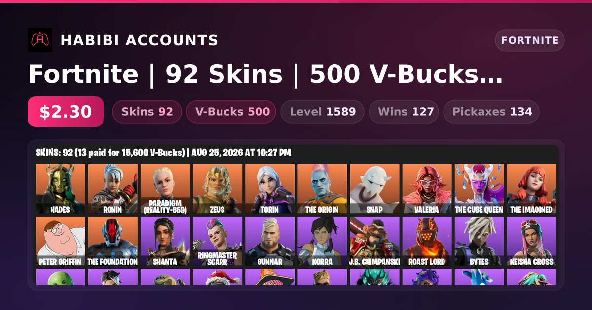 Fortnite | 92 Skins | 500 V-Bucks | Level 1589 | 127 Wins — HabibiAccounts