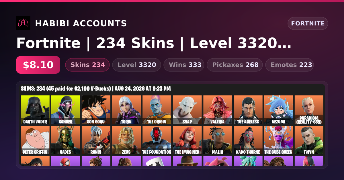 Fortnite | 234 Skins | Level 3320 | 333 Wins — HabibiAccounts