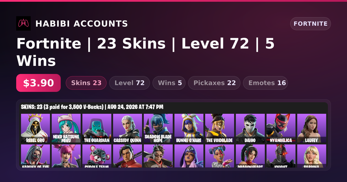 Fortnite | 23 Skins | Level 72 | 5 Wins — HabibiAccounts