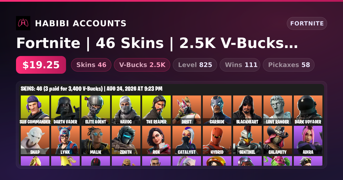 Fortnite | 46 Skins | 2.5K V-Bucks | Level 825 | 111 Wins — HabibiAccounts