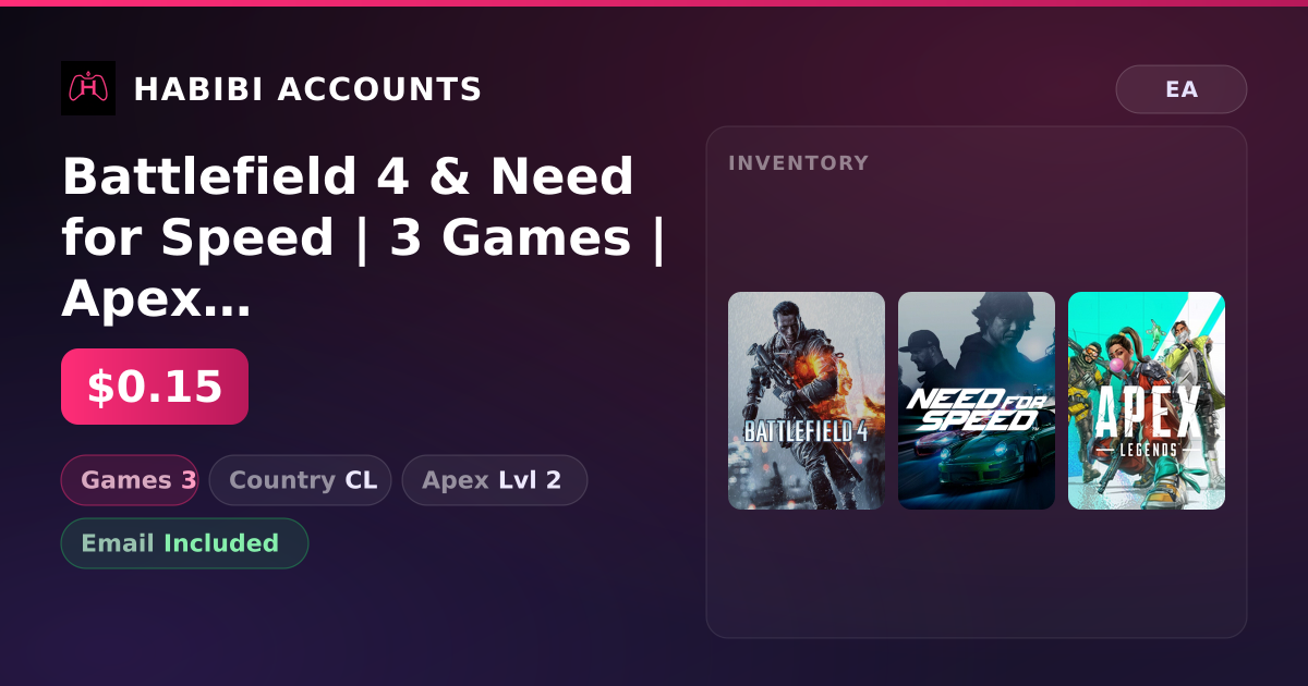 Battlefield 4 & Need for Speed | 3 Games | Apex Lvl 2 — HabibiAccounts