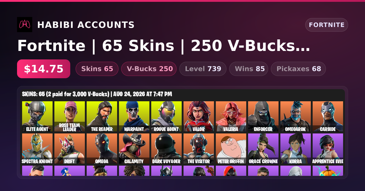 Fortnite | 65 Skins | 250 V-Bucks | Level 739 | 85 Wins — HabibiAccounts