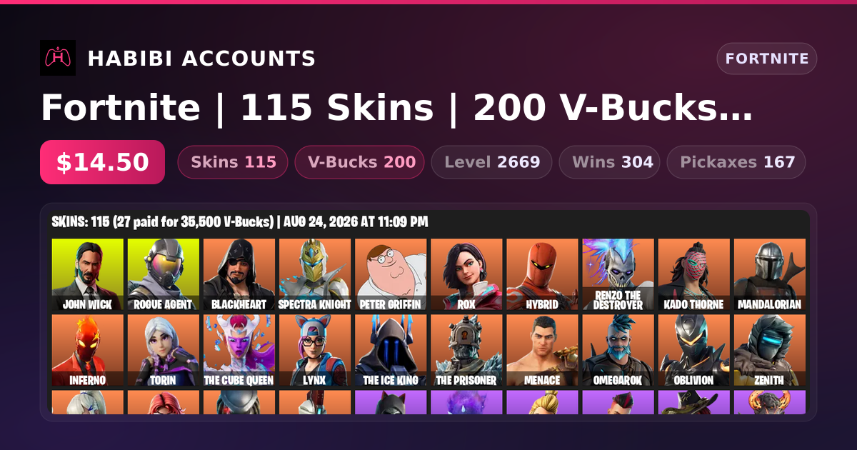 Fortnite | 115 Skins | 200 V-Bucks | Level 2669 | 304 Wins — HabibiAccounts