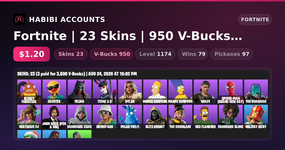 Fortnite | 23 Skins | 950 V-Bucks | Level 1174 | 79 Wins — HabibiAccounts