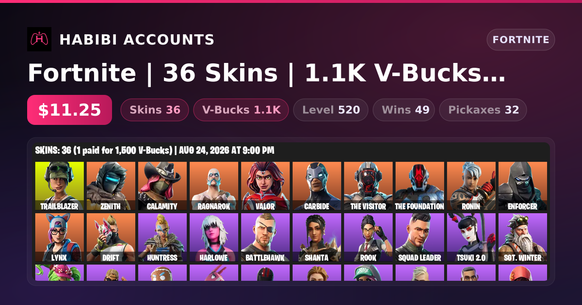 Fortnite | 36 Skins | 1.1K V-Bucks | Level 520 | 49 Wins — HabibiAccounts