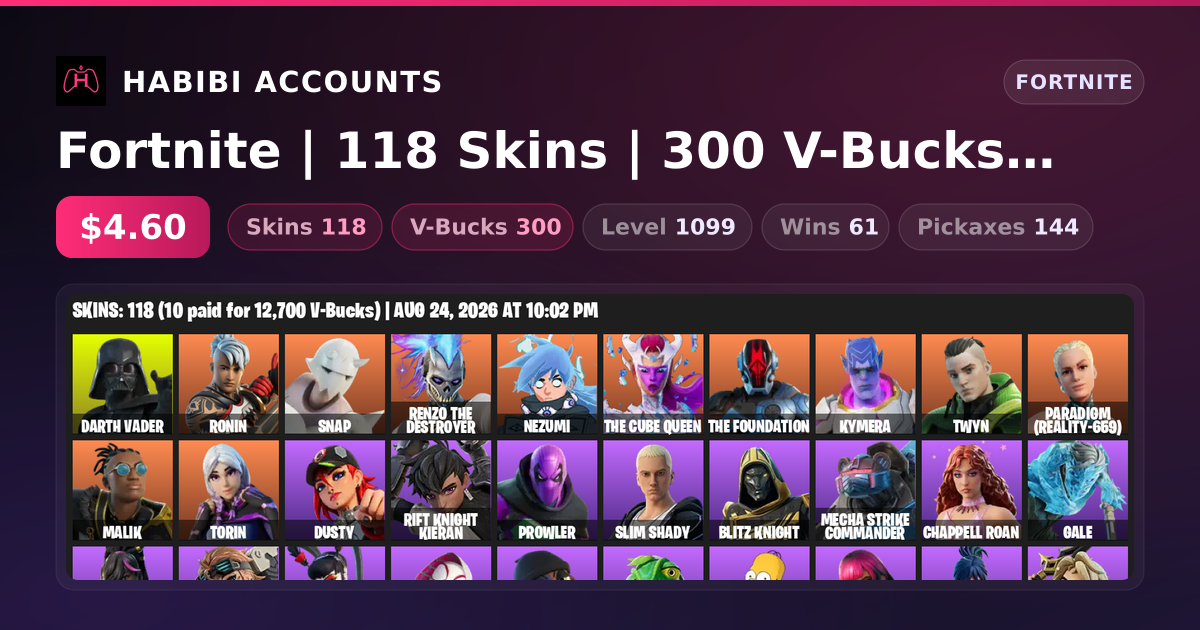 Fortnite | 118 Skins | 300 V-Bucks | Level 1099 | 61 Wins — HabibiAccounts