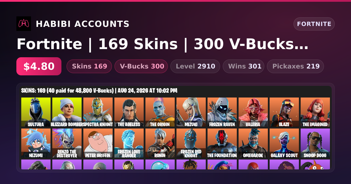 Fortnite | 169 Skins | 300 V-Bucks | Level 2910 | 301 Wins — HabibiAccounts