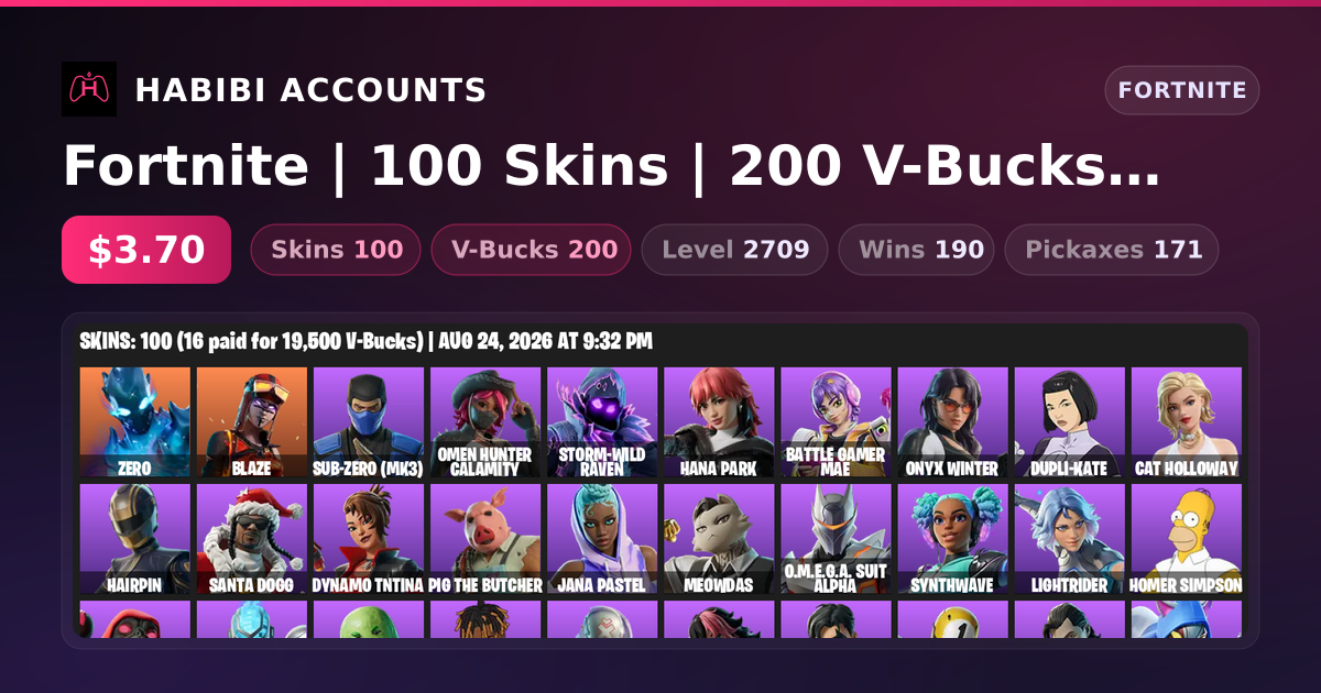 Fortnite | 100 Skins | 200 V-Bucks | Level 2709 | 190 Wins — HabibiAccounts