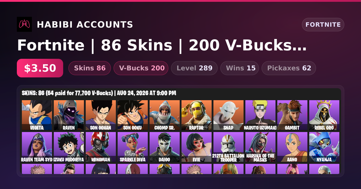 Fortnite | 86 Skins | 200 V-Bucks | Level 289 | 15 Wins — HabibiAccounts