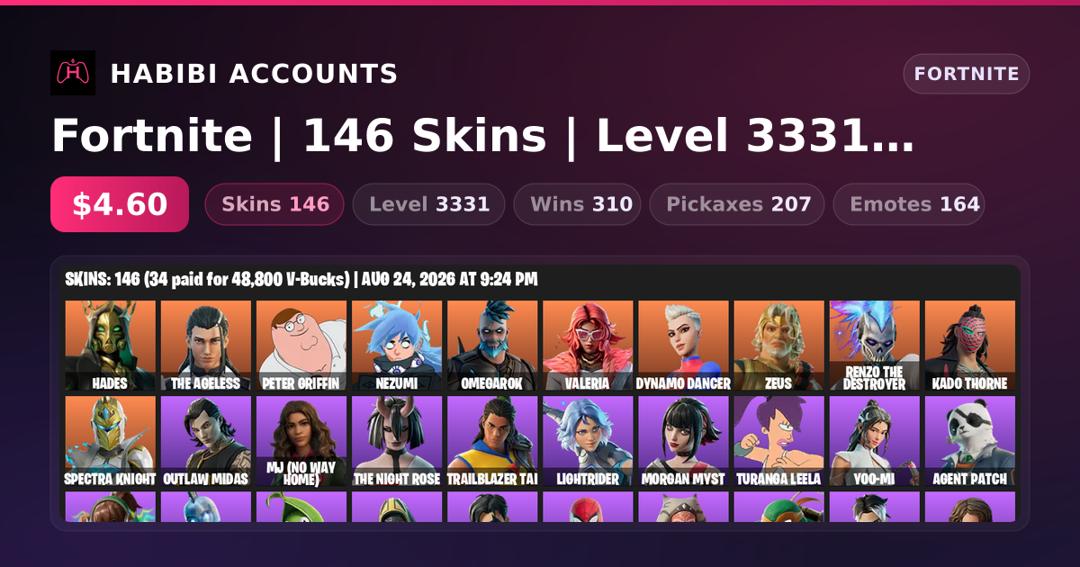 Fortnite | 146 Skins | Level 3331 | 310 Wins — HabibiAccounts