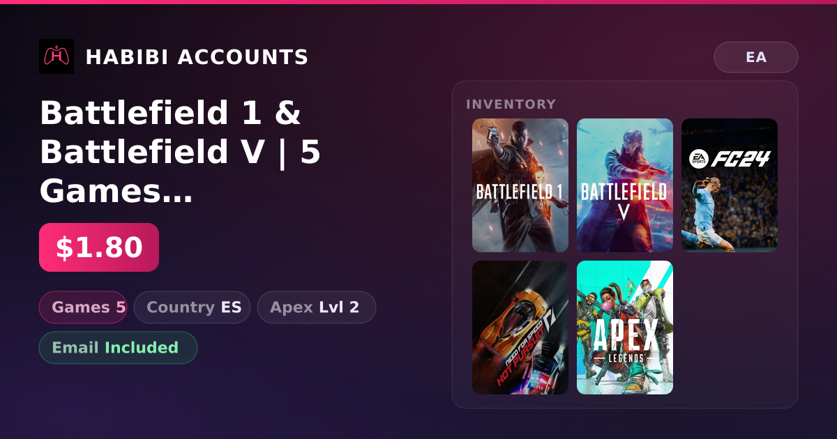 Battlefield 1 & Battlefield V | 5 Games | Apex Lvl 2 — HabibiAccounts