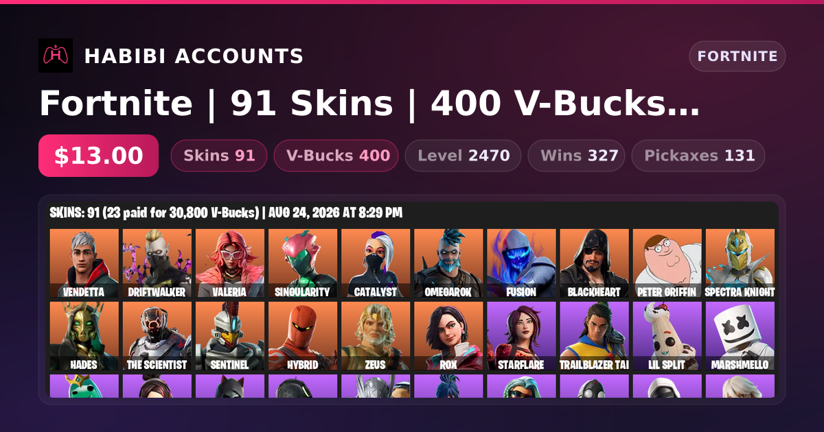 Fortnite | 91 Skins | 400 V-Bucks | Level 2470 | 327 Wins