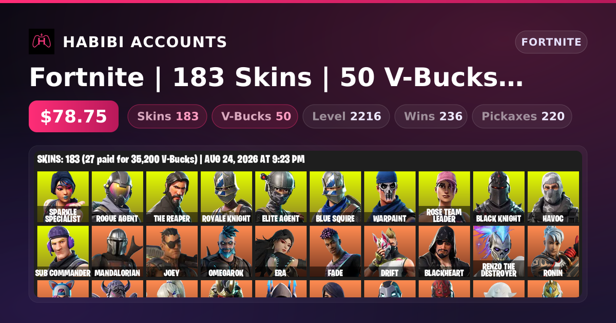 Fortnite | 183 Skins | 50 V-Bucks | Level 2216 | 236 Wins — HabibiAccounts