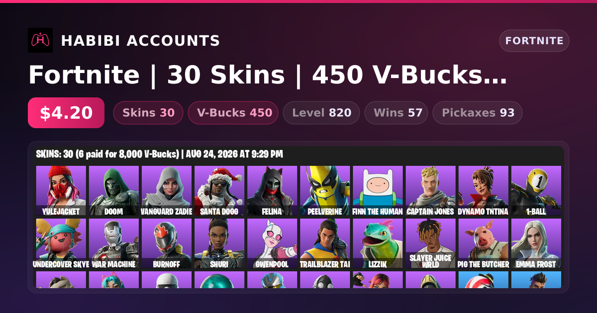 Fortnite | 30 Skins | 450 V-Bucks | Level 820 | 57 Wins — HabibiAccounts