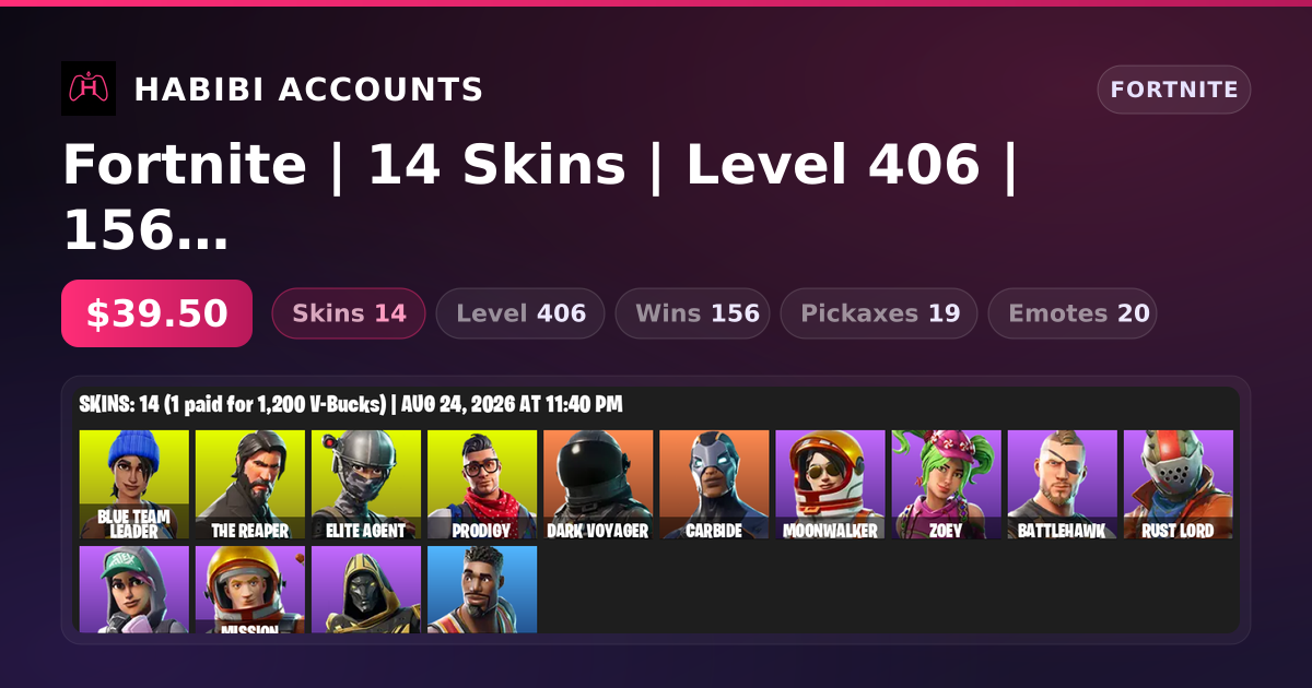 Fortnite | 14 Skins | Level 406 | 156 Wins — HabibiAccounts