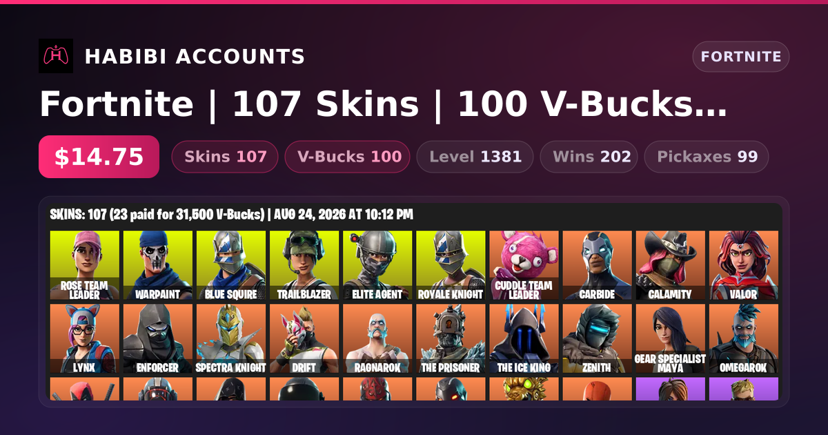 Fortnite | 107 Skins | 100 V-Bucks | Level 1381 | 202 Wins — HabibiAccounts
