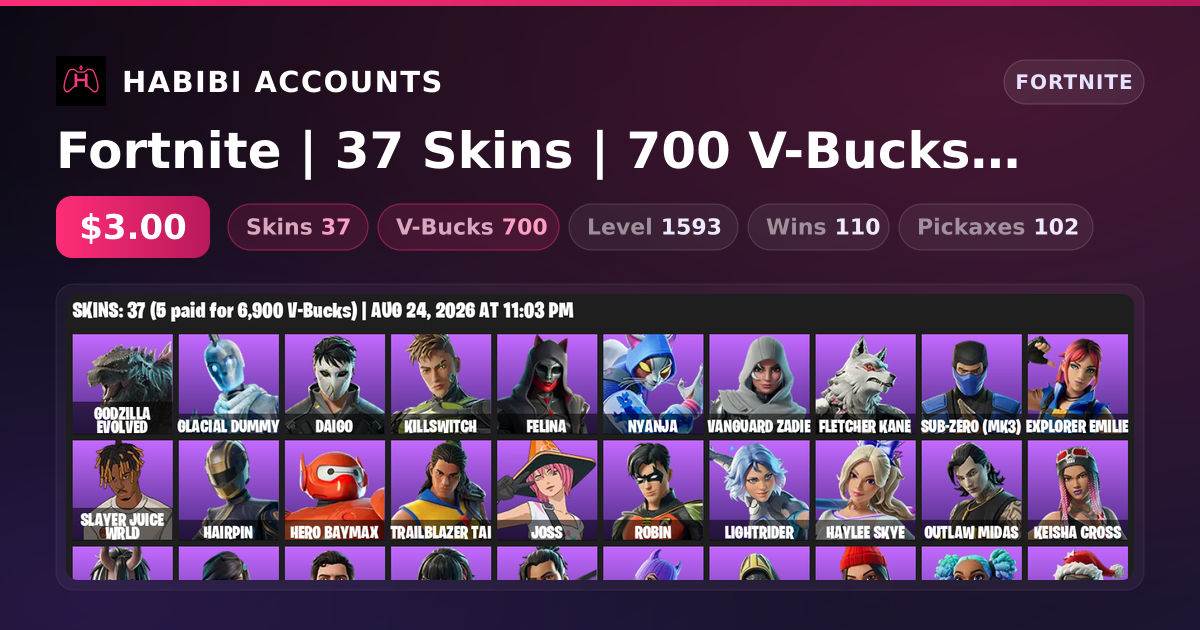 Fortnite | 37 Skins | 700 V-Bucks | Level 1593 | 110 Wins — HabibiAccounts