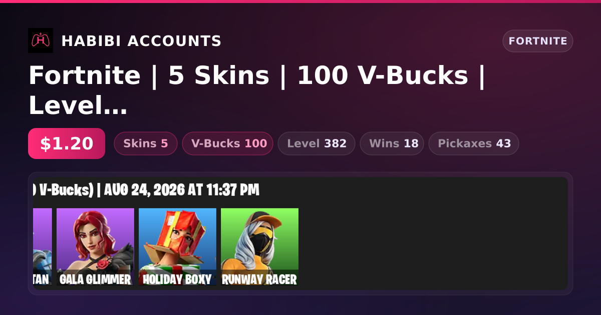 Fortnite | 5 Skins | 100 V-Bucks | Level 382 | 18 Wins — HabibiAccounts