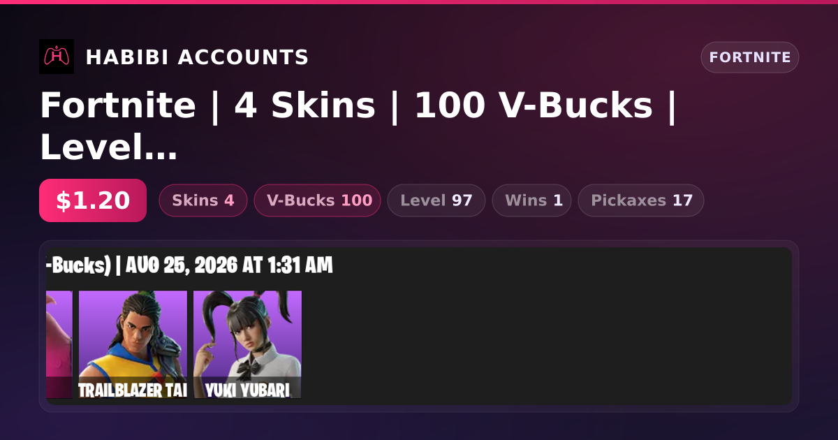 Fortnite | 4 Skins | 100 V-Bucks | Level 97 | 1 Wins — HabibiAccounts