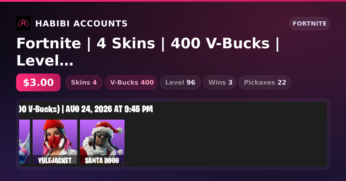 Fortnite | 4 Skins | 400 V-Bucks | Level 96 | 3 Wins