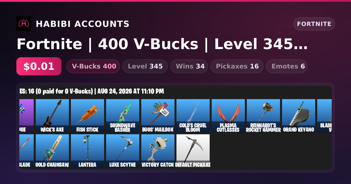 Fortnite | 400 V-Bucks | Level 345 | 34 Wins — HabibiAccounts