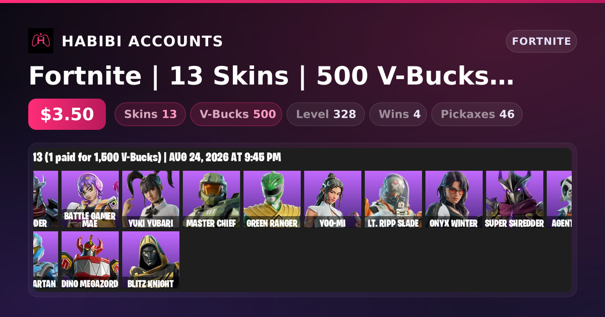 Fortnite | 13 Skins | 500 V-Bucks | Level 328 | 4 Wins