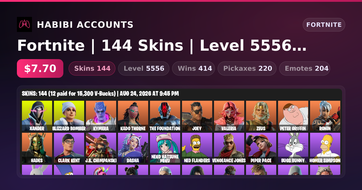 Fortnite | 144 Skins | Level 5556 | 414 Wins