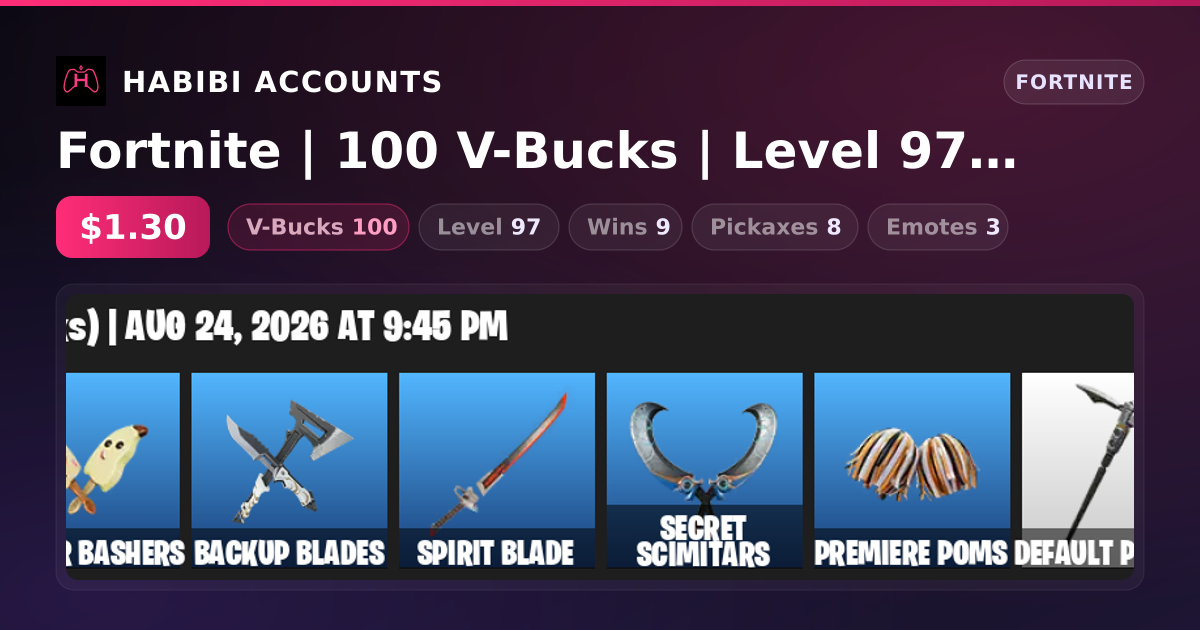 Fortnite | 100 V-Bucks | Level 97 | 9 Wins