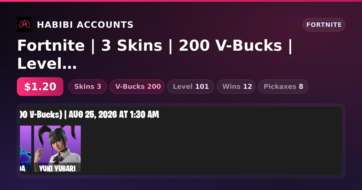 Fortnite | 3 Skins | 200 V-Bucks | Level 101 | 12 Wins — HabibiAccounts