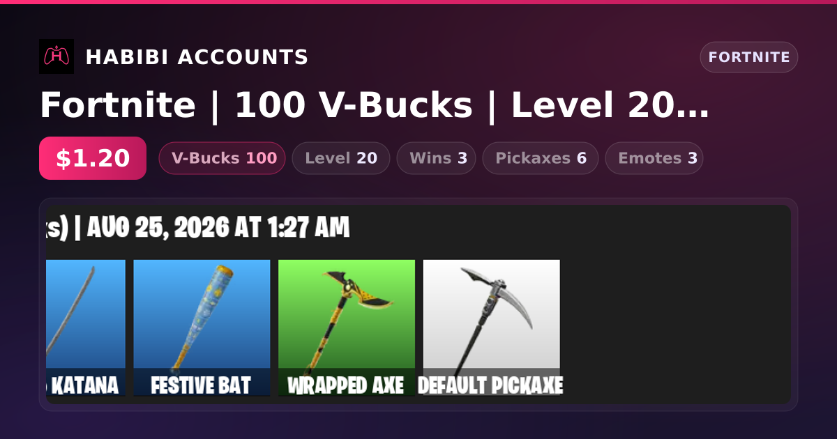Fortnite | 100 V-Bucks | Level 20 | 3 Wins — HabibiAccounts