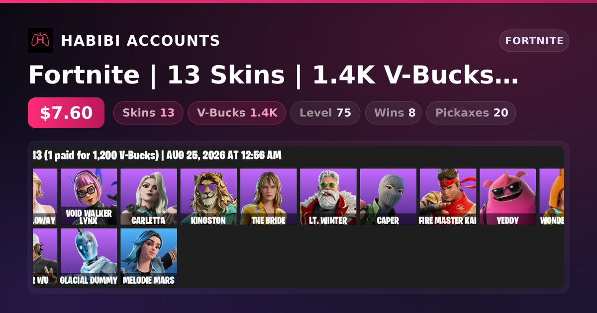 Fortnite | 13 Skins | 1.4K V-Bucks | Level 75 | 8 Wins — HabibiAccounts