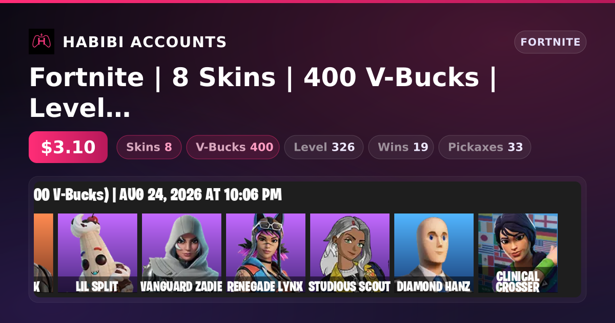 Fortnite | 8 Skins | 400 V-Bucks | Level 326 | 19 Wins