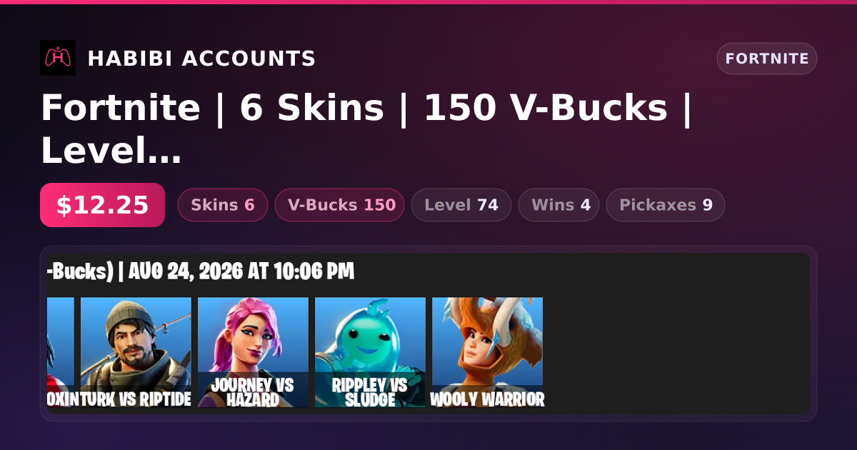 Fortnite | 6 Skins | 150 V-Bucks | Level 74 | 4 Wins