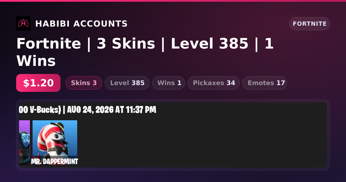 Fortnite | 3 Skins | Level 385 | 1 Wins — HabibiAccounts