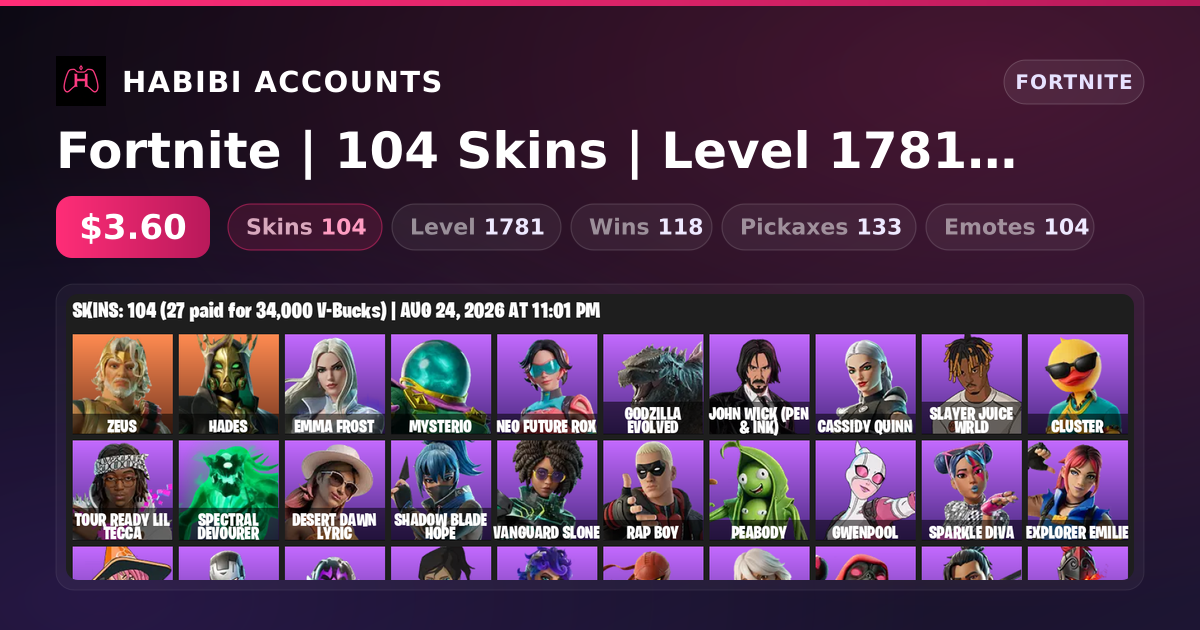 Fortnite | 104 Skins | Level 1781 | 118 Wins