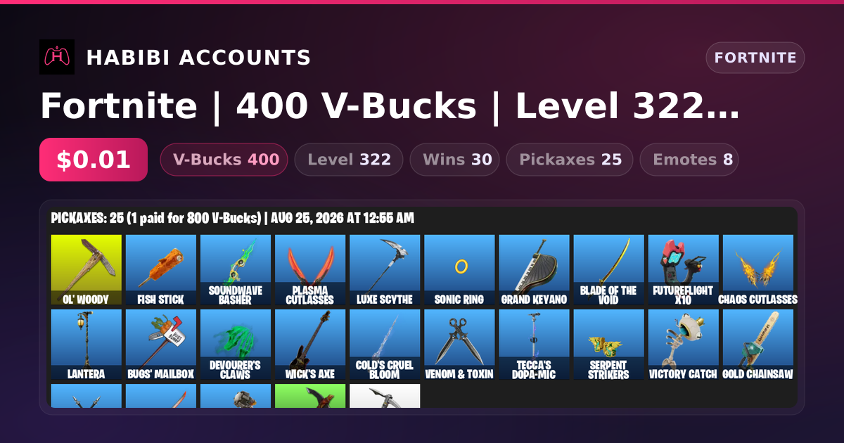 Fortnite | 400 V-Bucks | Level 322 | 30 Wins — HabibiAccounts