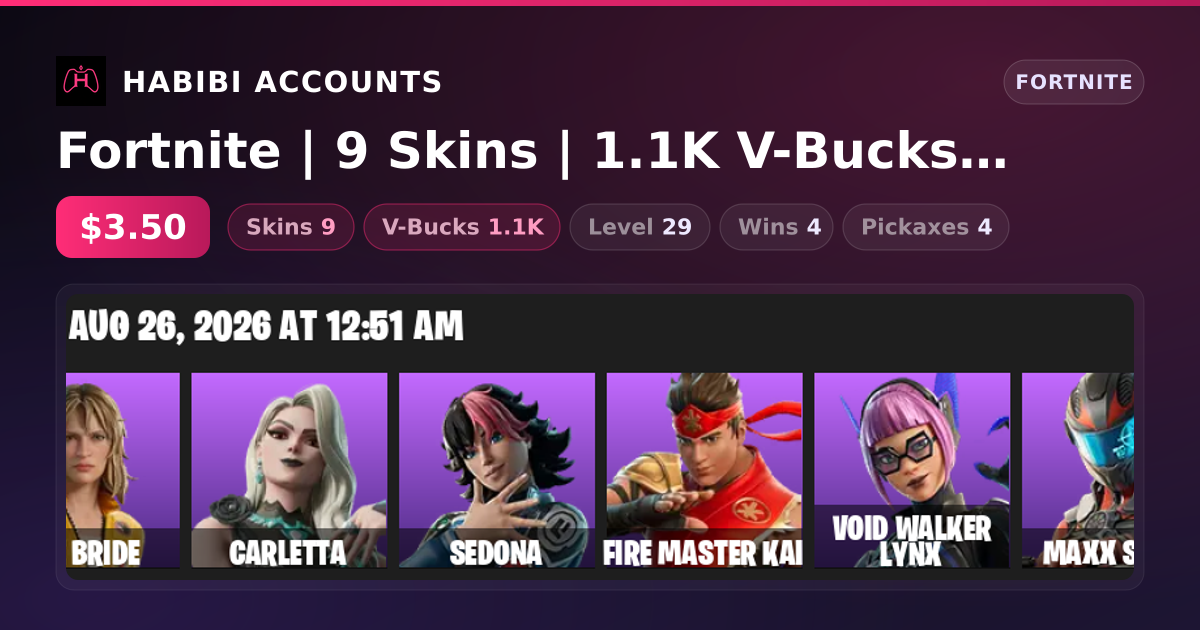 Fortnite | 9 Skins | 1.1K V-Bucks | Level 29 | 4 Wins — HabibiAccounts