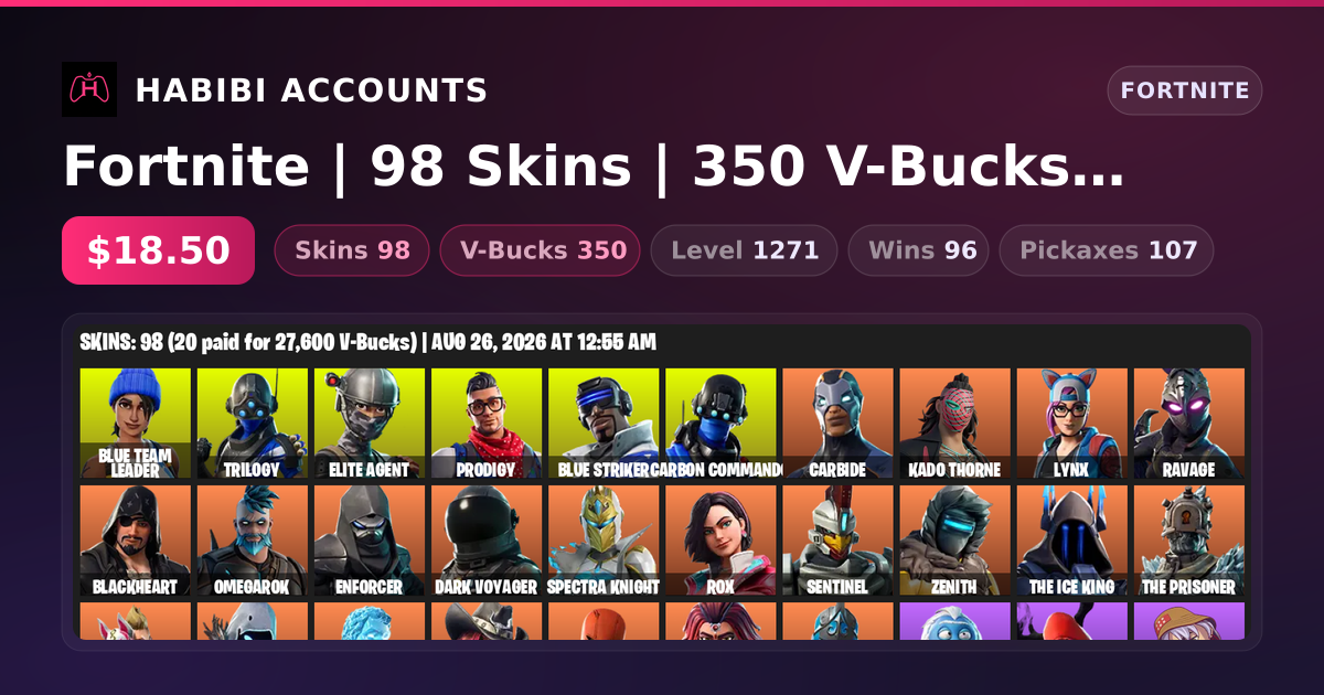 Fortnite | 98 Skins | 350 V-Bucks | Level 1271 | 96 Wins