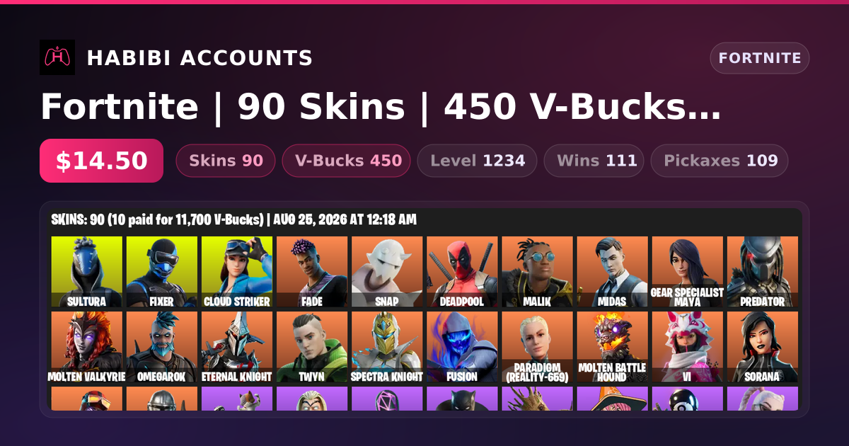 Fortnite | 90 Skins | 450 V-Bucks | Level 1234 | 111 Wins