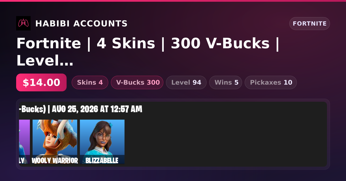 Fortnite | 4 Skins | 300 V-Bucks | Level 94 | 5 Wins