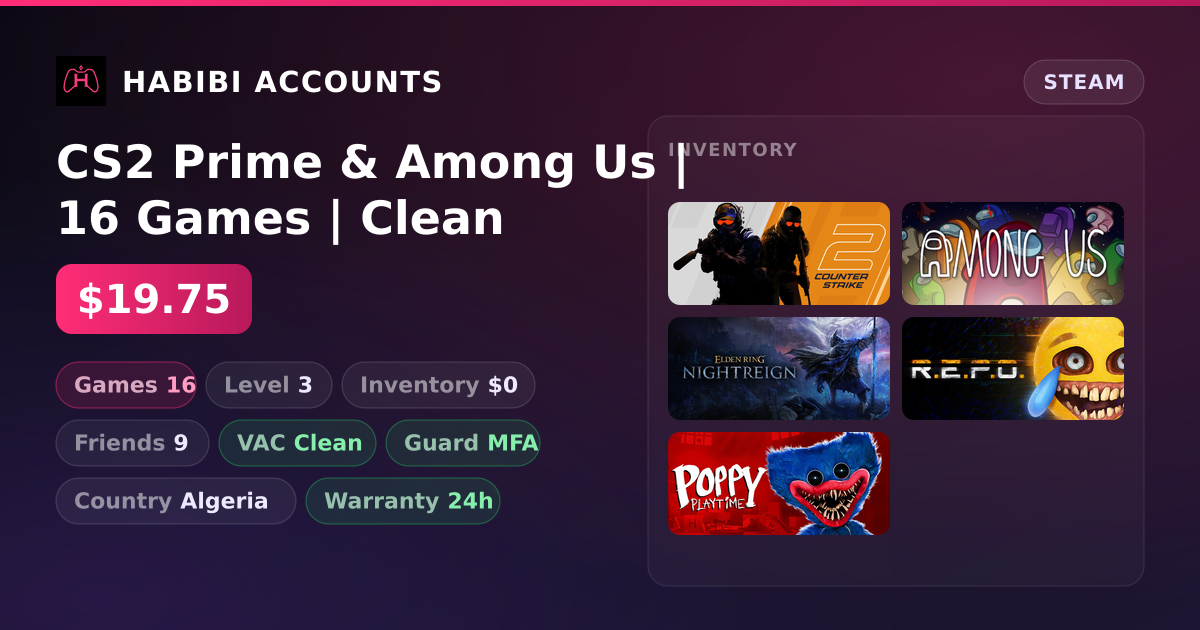 CS2 Prime & Among Us | 16 Games | Clean — HabibiAccounts