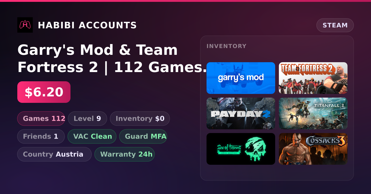 Garry's Mod & Team Fortress 2 | 112 Games | Clean — HabibiAccounts