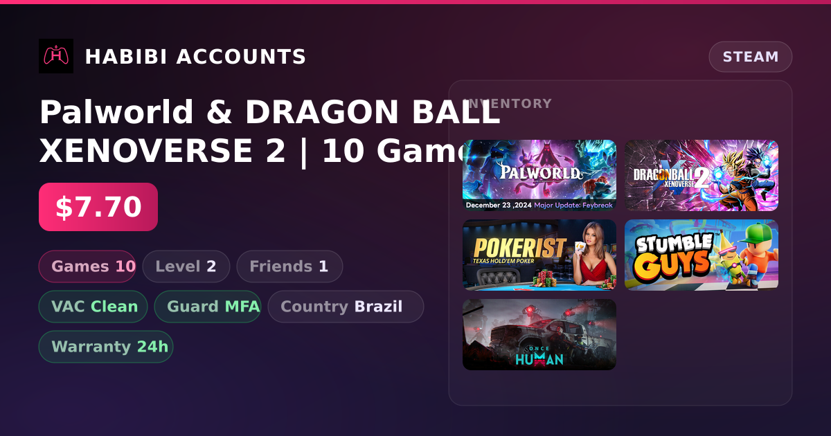 Palworld & DRAGON BALL XENOVERSE 2 | 10 Games | Clean — HabibiAccounts