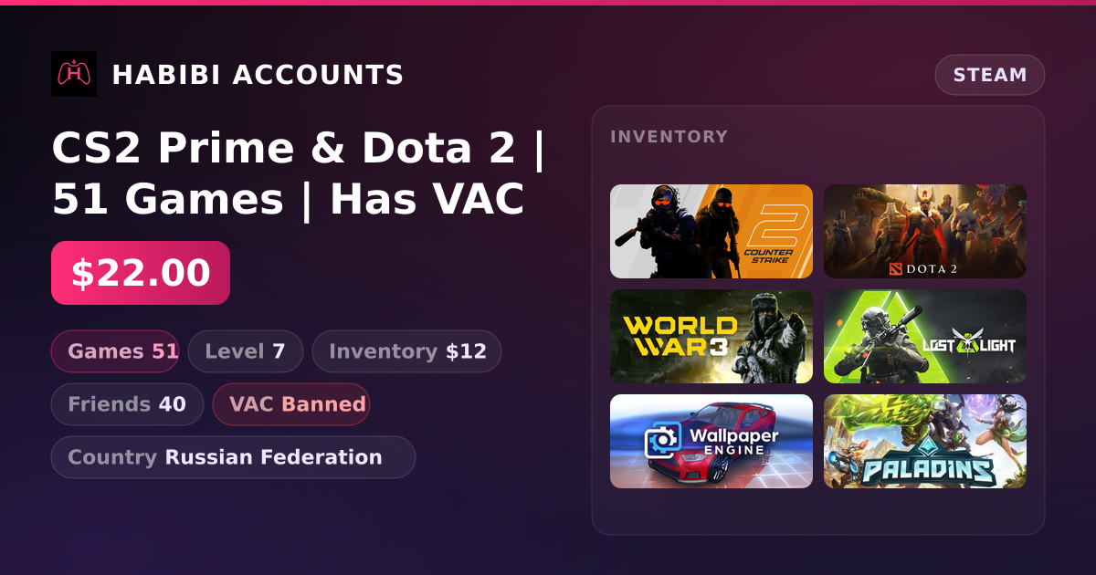 CS2 Prime & Dota 2 | 51 Games | Has VAC